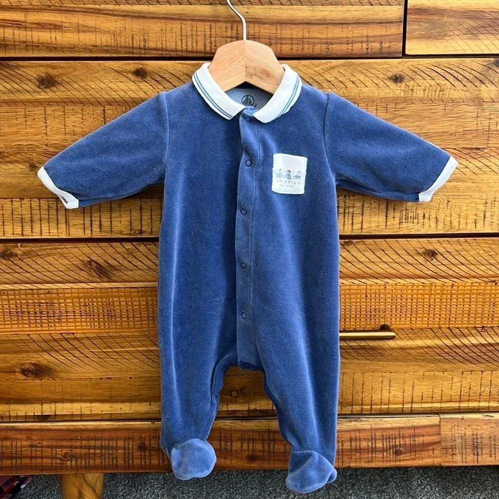 Petit Bateau Blue Velour Footie 1 month